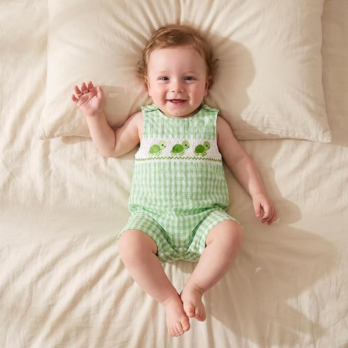 Newborn Baby Boys Sleeveless Seersucker Romper One Piece Straps Overalls - Image 6