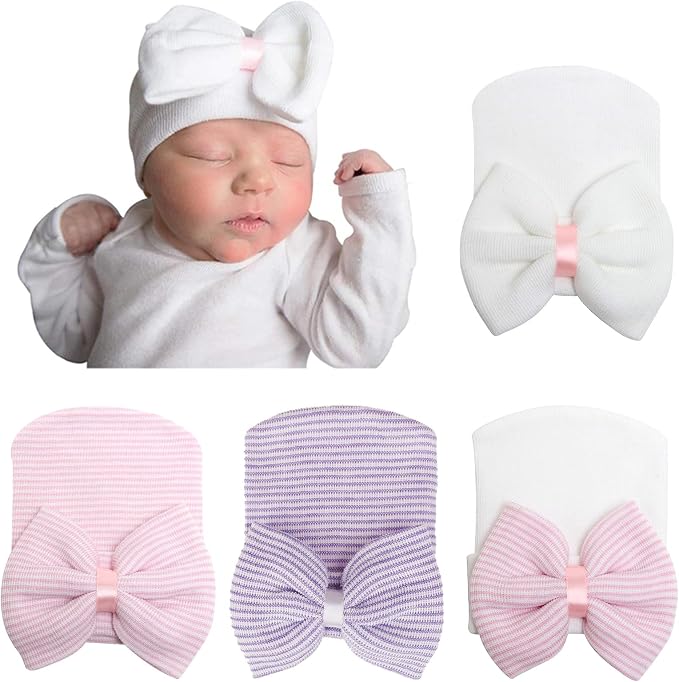 Newborn Baby Girl Hats with Bow No Scratch Cotton Toddler Infant Hat Beanie by AQOKKA