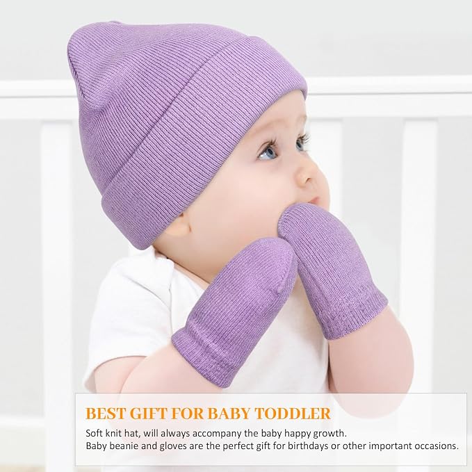 Baby Beanie Hat Gloves Set, Kids Winter Warm Knit Hat - Image 3