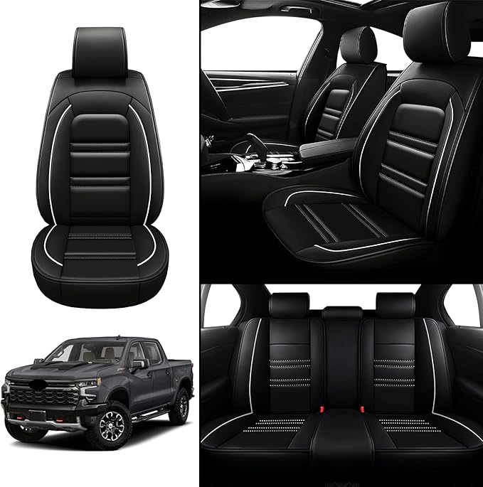Seat Covers for Chevy Silverado 1500 2007-2025 | 5-Seats Leather Seat Covers, Easy to Install Automotive Seat Covers Full Set (Full Set, Black&White Line)