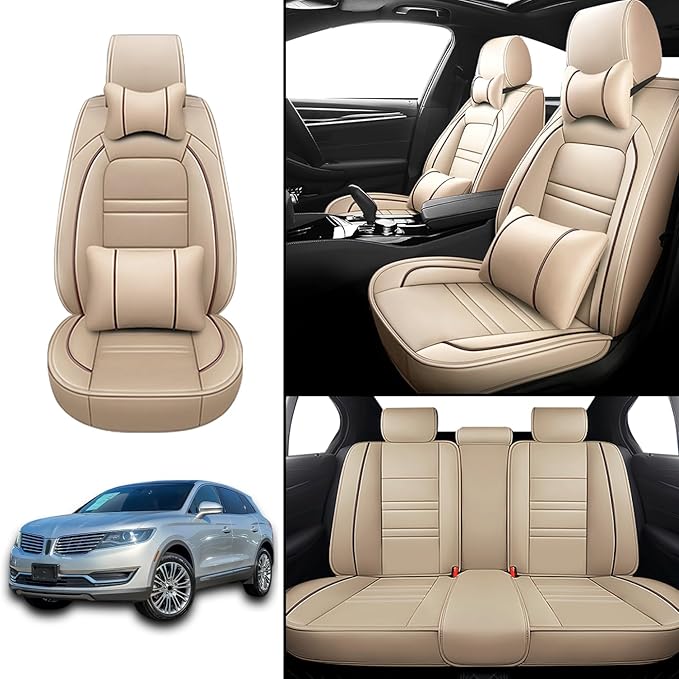 Car Seat Covers for Lincoln mkx 2007-2018 | 5-Seats Seat Covers, Waterproof Seat Protectors, Automotive Seat Covers (Full Set with Pillow,Beige)