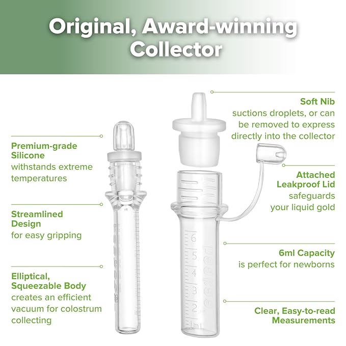 haakaa Colostrum Collectors 6ml/6pcs Pack - Collect, Store & Feed Colostrum in One, Ready-to-Use Individually Wrapped, Reusable & Leakproof, Include Cloth Wipe and Cleaning Brush
