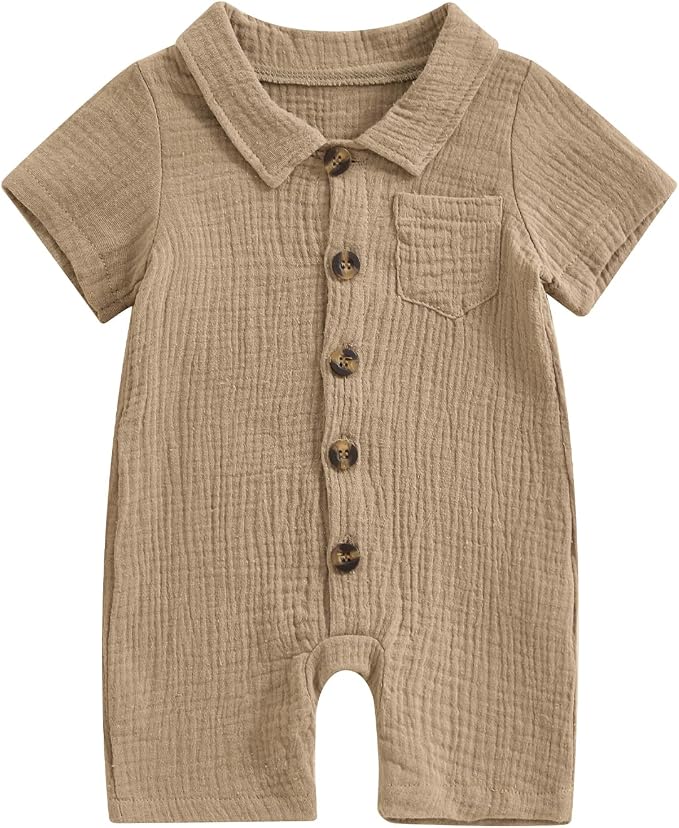 Honganda Summer Baby Boy Cotton Linen Jumpsuit Short Sleeve Button Down by Honganda