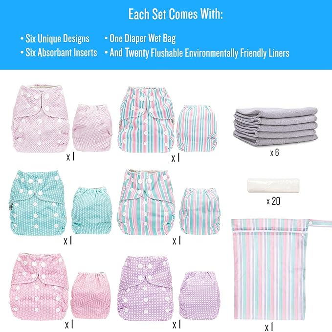Simple Being Reusable Cloth Diapers, Double Gusset, One Size Adjustable, Washable Soft Absorbent, Waterproof Cover, Eco-Friendly Unisex Baby Girl Boy, six 4-Layers Microfiber Inserts (Girl Animals)