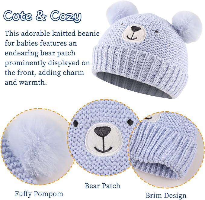 JANGANNSA Cute Bear Baby Beanie Pompom Baby Boys Hat Infant Toddler Winter Knitted Beanies for Girls