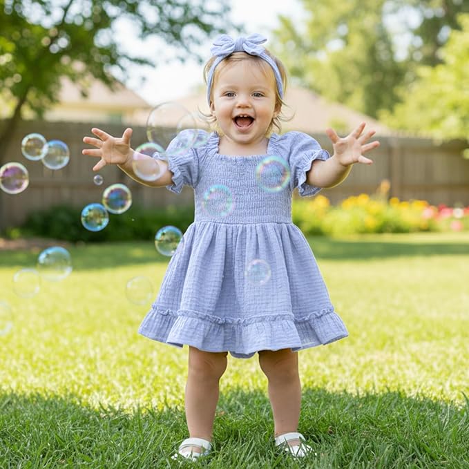 GRNSHTS Baby Girl Romper Dress, Puff Sleeve Smocked Outfit - Image 3