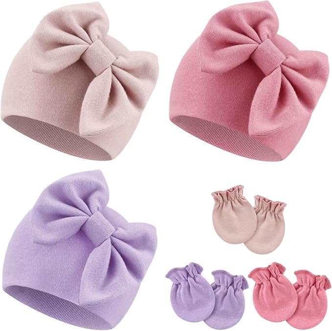 Newborn Baby Hats and Mittens Set Infant Bow Beanie Cap Toddler Gloves Newborn by AQOKKA