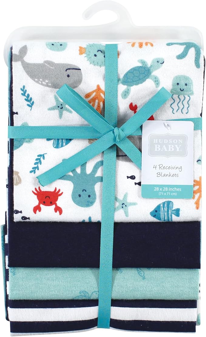 Hudson Baby Unisex Baby Cotton Flannel Receiving Blankets, Sea Characters - Image 2