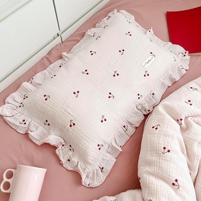 BuLuTu Cotton Muslin Kids Toddler Pillowcase Cherry Pattern, Soft Travel Pillow Ruffle Edge Nursery Pillow Case for Boys Girls, Bedding Decor, Durable Pillowcases 14"x20", 1 Piece