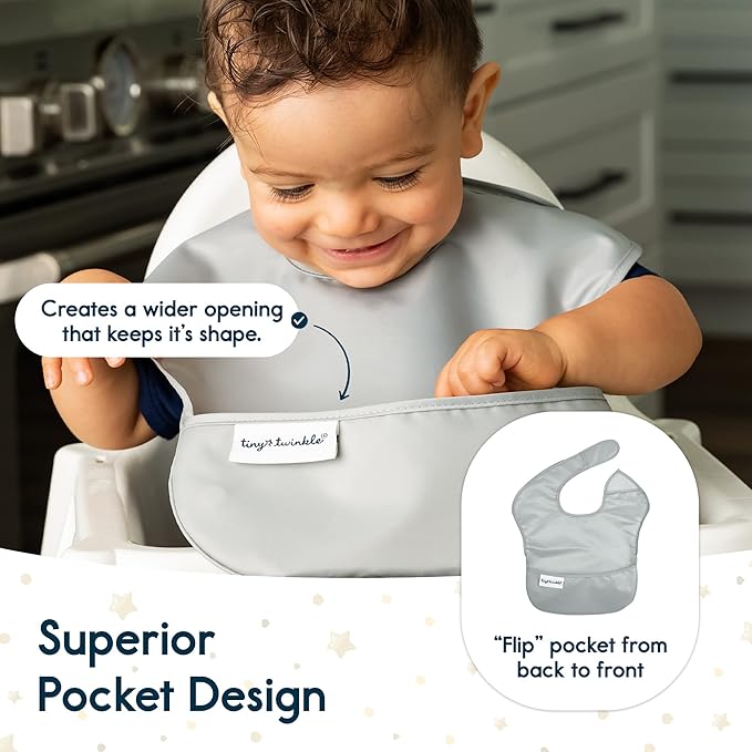 Tiny Twinkle Mess Proof Baby Bibs for Eating – Waterproof, Wipeable Toddler Bibs with Pocket – Baby Food Bibs for Girls & Boys(5 Pack, Unisex Solids)