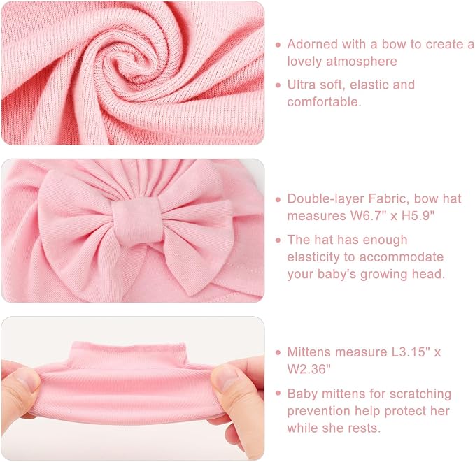 BQUBO Newborn Girls Hats Baby Hat and Mittens Set Infant Caps Bow Hospital - Image 7