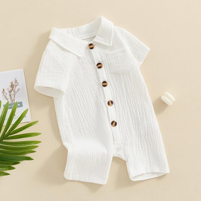 Honganda Summer Baby Boy Cotton Linen Jumpsuit Short Sleeve Button Down - Image 2