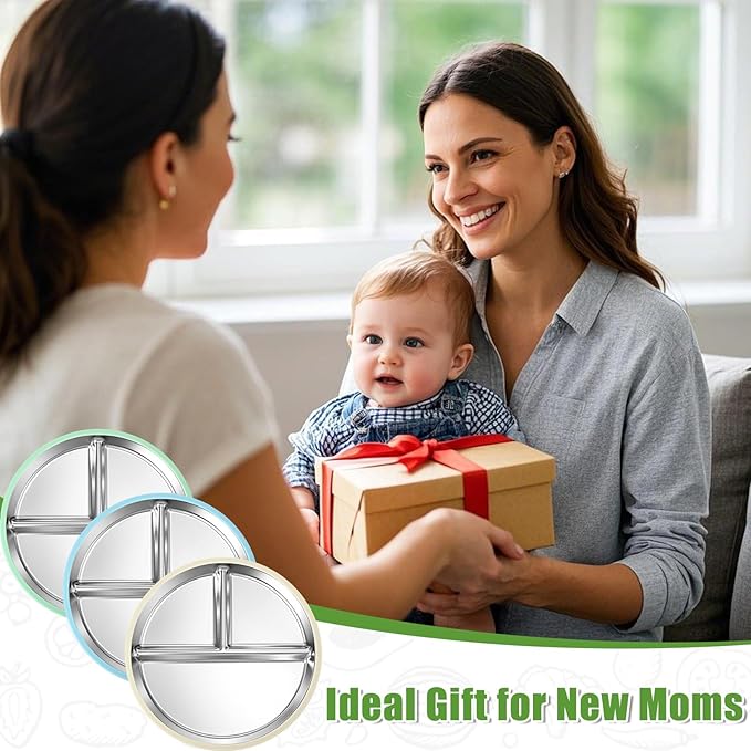 BUSOHA 3 Pack Stainless Steel Kids Plate with Suction - 8.1” Divided Toddler Baby Plates with Silicone Sleeves Non-Slip 2-in-1 Anti Breakage Metal Toddler Bowls Microwave Dishwasher Safe
