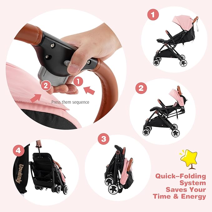 BABY JOY Lightweight Baby Stroller, Compact Toddler Travel Stroller for Airplane with 5-Point Harness, Adjustable Backrest/Footrest/Canopy, Storage Basket, Easy One-Hand Fold (Pink)