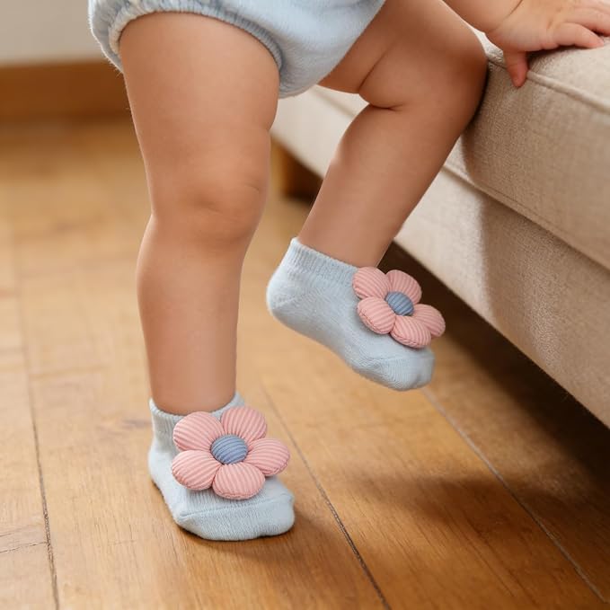 4Packs Baby Girls Socks, Flower Non-Slip Grips - Image 2
