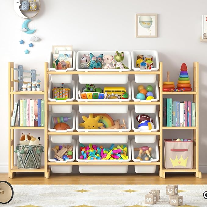 Large Toy Storage Organizer Kids Toy Organizer and Bookshelf Combo with 12 Bins and 6 Shelves Toy Organization Box Toy Shelf for Playroom, Bedroom, Nursery