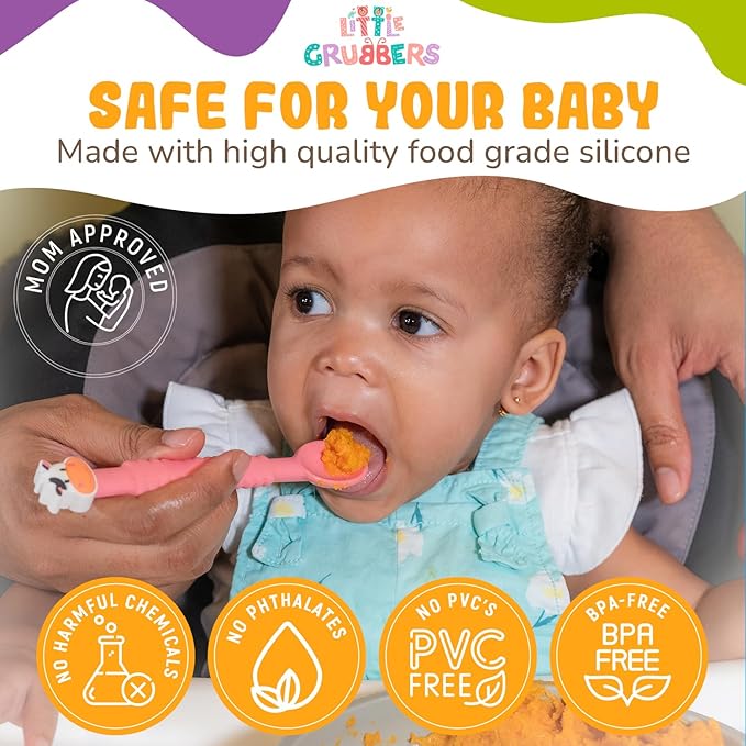 3-in-1 Silicone Baby Spoon Self Feeding 6+ Months - Pediatric OT Designed Teether Spoon, BPA Free Toddler Utensils, Mess-Free, Fun for Baby Led Weaning Supplies, Dog & Duck
