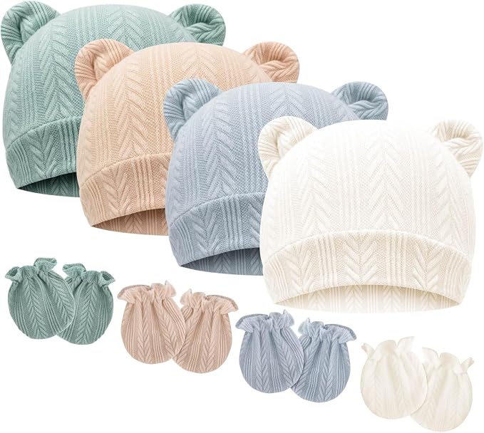 BQUBO Newborn Baby Hats Bear Ears and Mittens Sets Preemie Caps Baby Boy Girl by DRESHOW
