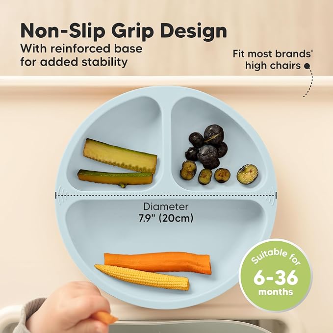 KeaBabies Suction Plates for Baby, Toddler - 3-Pack 100% Silicone Toddler Plates with Suction, Divided, BPA-Free Baby Led Weaning Essentials for Kids, Dishwasher, Microwave Safe, Durable (Alps)