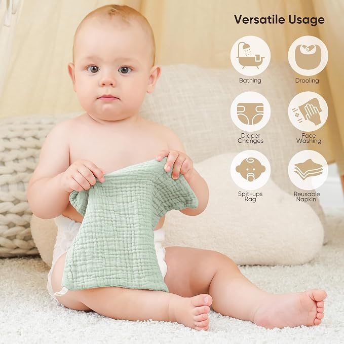Bearmoss 12 Pack Baby Muslin Washcloths, 100% Cotton 10"x10" Face Towels - Image 4