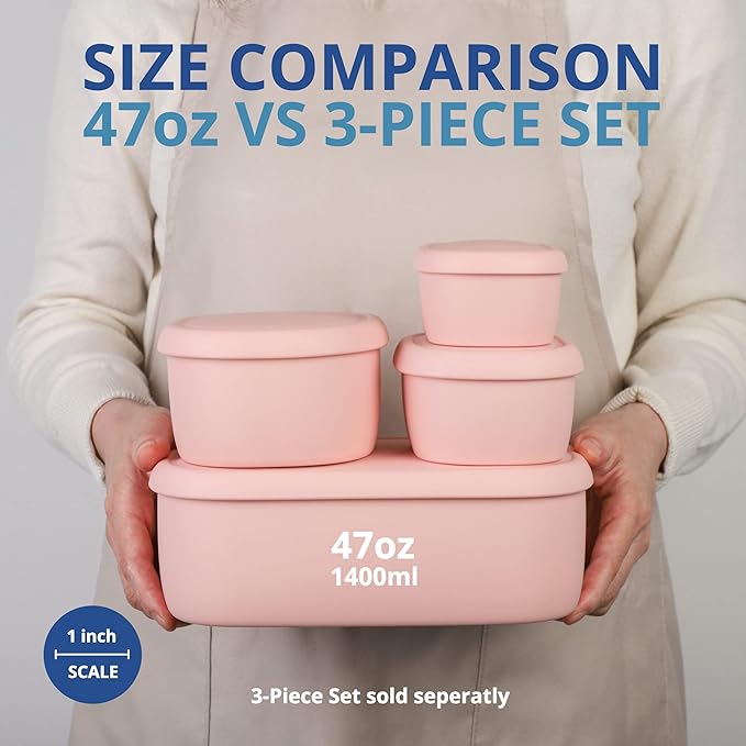 BLUE GINKGO Nesting Silicone Containers - Large Silicone Food Storage Container | BPA Free, Airtight, Dishwasher and Freezer Safe (47.5 oz) - Pink