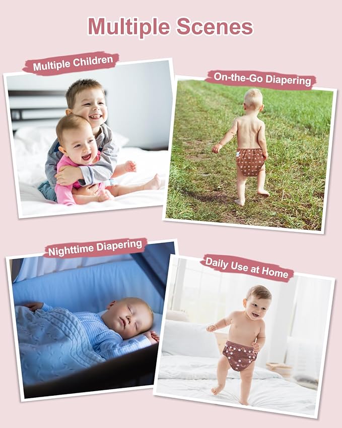 babygoal AWJ Cloth Diapers with Tummy Panel Pack of 7, 3 Diaper Cover with 3 Inserts and Wet Dry Bag, Adjustable Washable Reusable for Baby Girls and Boys