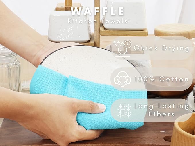 PurpleEssences Waffle Weave Kitchen Towel, 100% Cotton - 15 x 25 Inches, with Hanging Loop Ultra Soft Absorbent Quick Drying Dish Cloth, Tea and Hand Towels, 4 Pack -Fall Thanksgiving - Aqua Blue