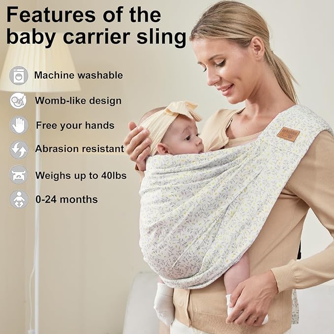 Baby Sling Carrier Newborn, Adjustable Easy Wearing Baby Nursing Warp Sling, New Mom Dad Soft Cotton Baby Front Holder Carrier for Infant Toddler Life Travel Essential Gifts (Yellow Flower)