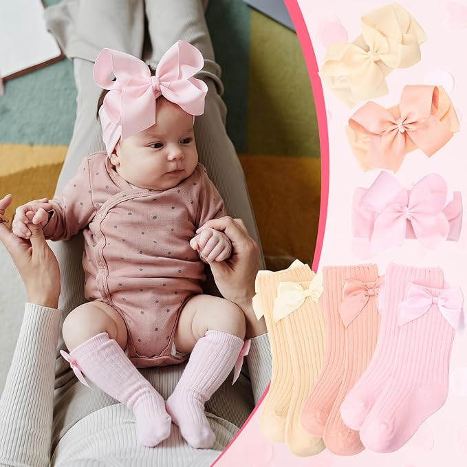 JATEBI Baby Big Bow Headband Knee High Socks Set - Image 5