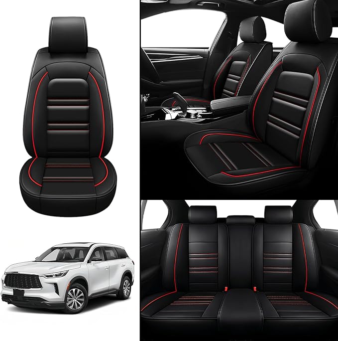 Seat Covers for Infiniti qx60 2014-2025 | 5-Seats Leather Seat Covers, Easy to Install Automotive Seat Covers Full Set (Full Set, Black&Red Line)