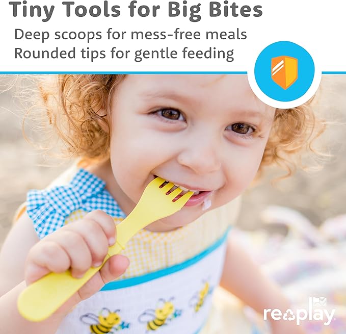Re-Play Toddler Forks and Spoons Set - 4x4 Utensils Set for Kids - Dishwasher and Microwave Safe - Made in USA - Pack of 8 - Sand Beige
