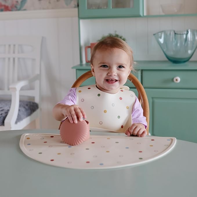 mushie Silicone Baby Bib | Adjustable Fit Waterproof Bibs (Smiley Face)