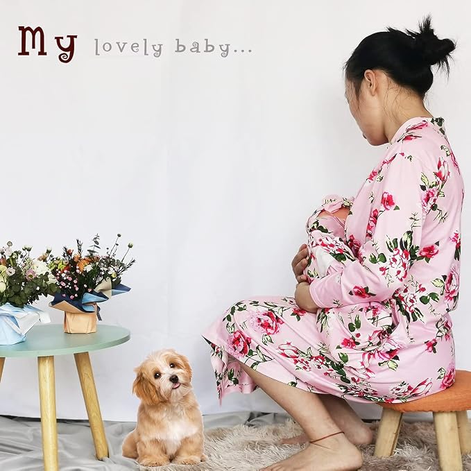SUFEINI Maternity Robe and Matching Baby Swaddle Blanket Set, Mommy Robe - Image 5