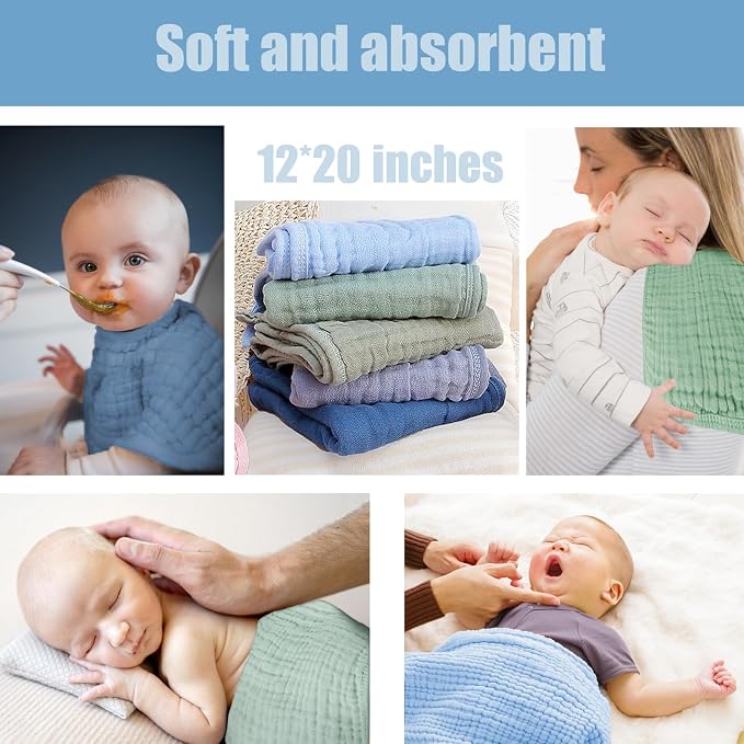 Muslin Burp Cloths 5 Pack Large 20x12 inches Baby Burping Cloths, 6-Layer 100% - Image 6