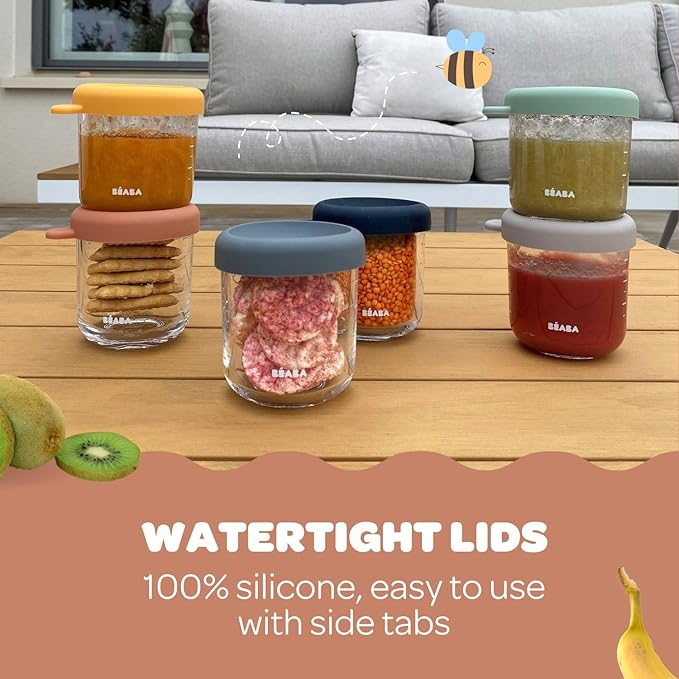 BEABA 8 oz Glass Baby Food Jars with Soft Silicone Air Tight Lids, Glass Storage Containers with Lids, Microwave and Freezer Safe Containers, Sage