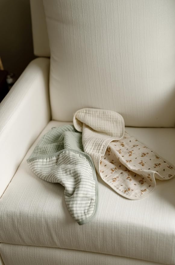Oilo Burp Cloth 2-Pack Set, Large (12" X 22"), Organic Premium Cotton 4-Way Muslin, Luxuriously Soft, Super Absorbent, & Durable, Machine Washable, Dainty Floral & Sea Moss Sage Green Stripe