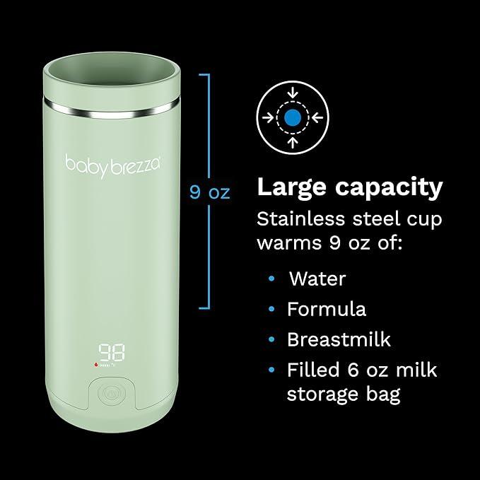 Baby Brezza Portable Warmer – 67% Faster Baby Bottle Warming - Travel Breastmilk and Formula Warmer - Safe, Even Heating - Up to 9oz - No Adapters, Green