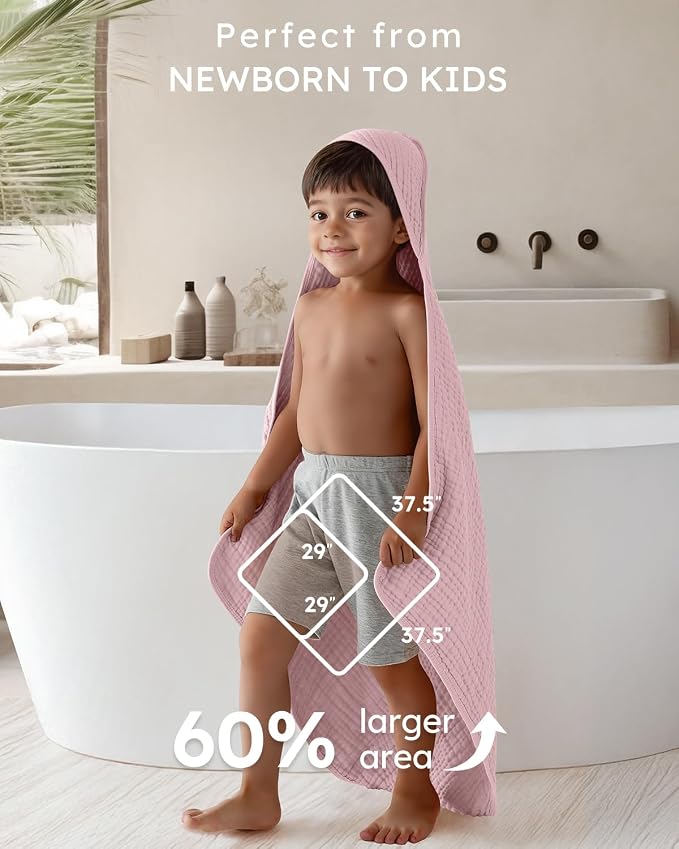 Yoofoss Hooded Baby Bath Towels 2 Pack 100% Muslin Organic Cotton - Image 4