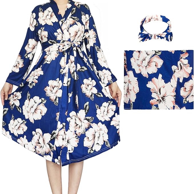 SUFEINI Maternity Robe and Matching Baby Swaddle Blanket Set, Mommy Robe by SUFEINI