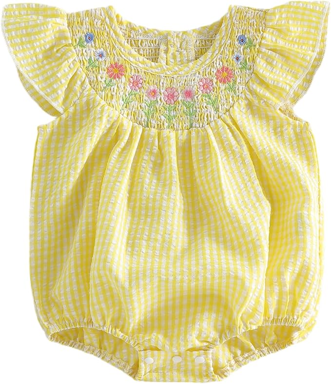 Newborn Baby Girl Bubble Romper Floral Stripe Smocked Onesie Summer Clothes by Yuemengxuan