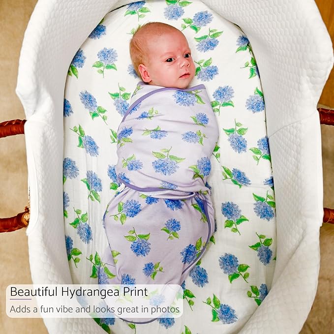 LollyBanks Baby Swaddles 100% Organic Cotton, 0-3 Months Baby Girl Swaddles with Easy Change Zipper, Swaddle Sack for Newborn Girls (Hydrangea Print)