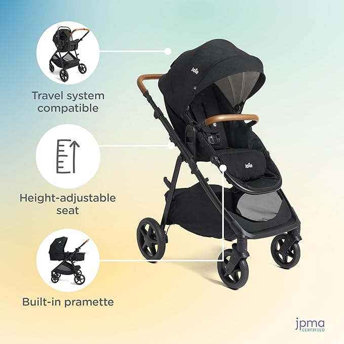 Joie Ginger 4-in-1 Convertible Pramette and Stroller, Height Adjustable seat, All-Wheel Suspension, Extra Storage – for Newborns and Toddlers (Evergreen)