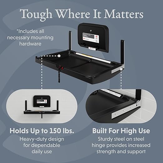 Foundations Elements Horizontal Wall Mounted Baby Diaper Changing Station & Liner Dispenser, Oversized Changing Surface, One Person Installation, Black (300-EHLD-02)