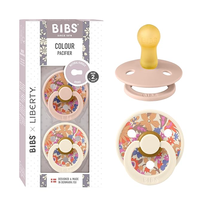 BIBS Colour Liberty Soother 2-Pack, BPA Free Dummy Pacifier, Round Nipple. Natural Rubber Latex, Made in Denmark, Size 2 (6-18 Months), June Blossom Blush Mix