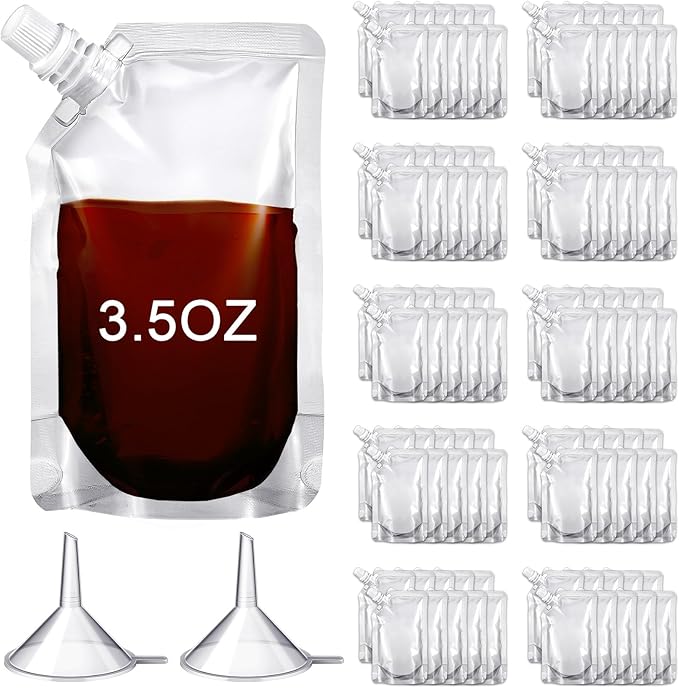 Meanplan 100 Pcs Plastic Pouches Bulk Reusable Squeeze Pouches Clear Plastic Juice Leak Proof Bags with Funnel for Party Favors Supplies(3.5 oz,Inclined Mouth)