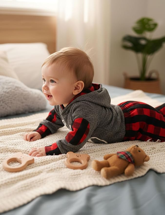 Fommy Newborn Baby Boy Clothes Plaid Letter Print Long Sleeve Hoodies + Long - Image 3