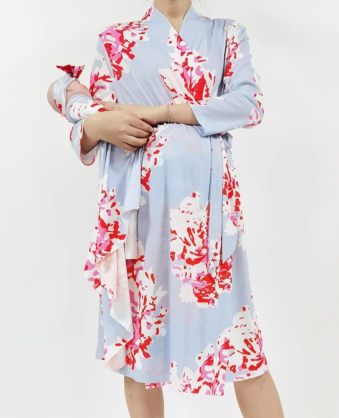 SUFEINI Maternity Robe and Matching Baby Swaddle Blanket Set, Mommy Robe - Image 2
