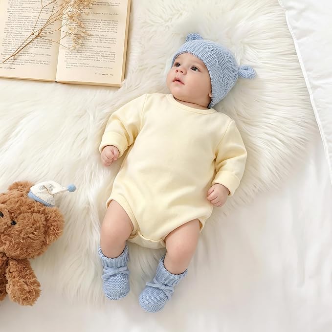 Hadetoto 100% Organic Cotton Baby Beanie and Booties Set | Newborn, Knit Sock - Image 3