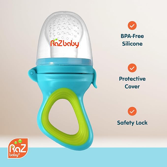 RaZbaby Baby Solids/Frozen Fruit Feeder Pacifier, Infant Teether Toy 6M+, BPA-Free, Safely Introduce Solids, Natural Teething Relief, Dishwasher Safe, Freezable – Grey & Tan 2-Pack