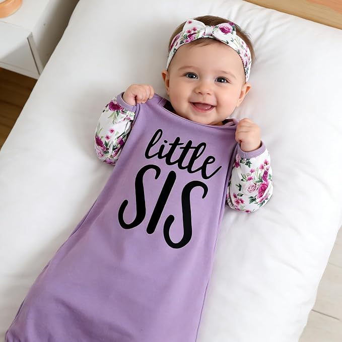 AMAWMW Newborn Baby Girl Little Sister Sleeper Gown Stripe Long Sleeve - Image 2